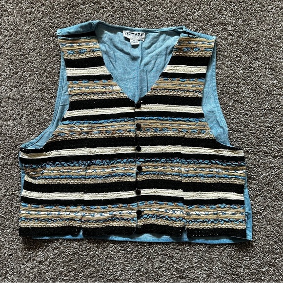 Vintage 90s Tanzara International Embroidered Woven Striped Button Vest Size 2X - Picture 1 of 8